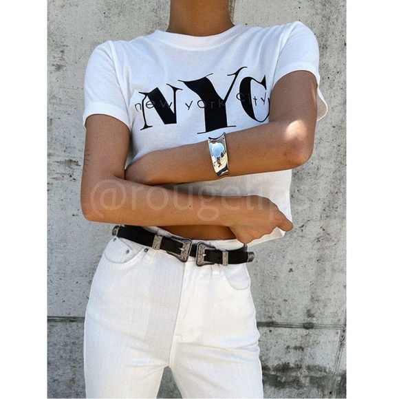 Cotton NYC Graphic Print White Crop Tee Shirt - Picture 3 of 8